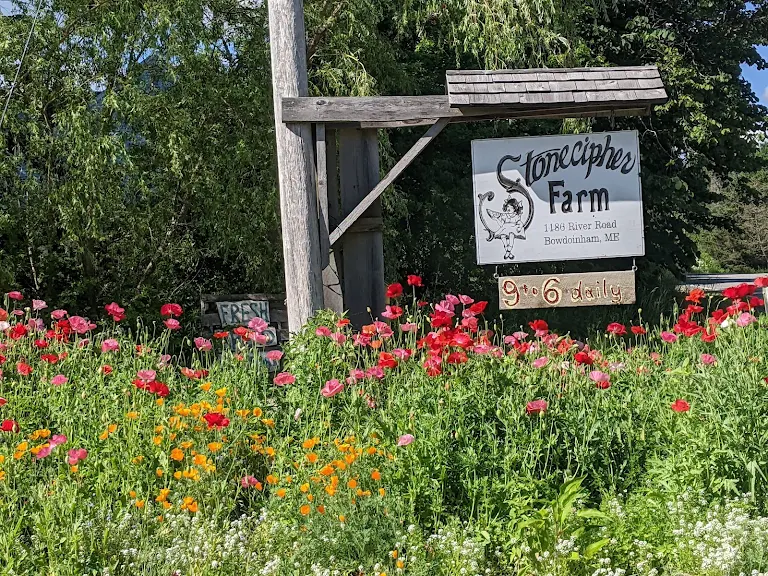 Wooden farm sign surrounded by colorful flowers